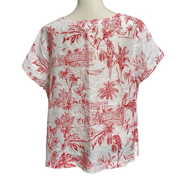 Joie Linen Blouse Coral Red Tropical Print Boatneck Short Sleeve Top Size 1X - Picture 9 of 12